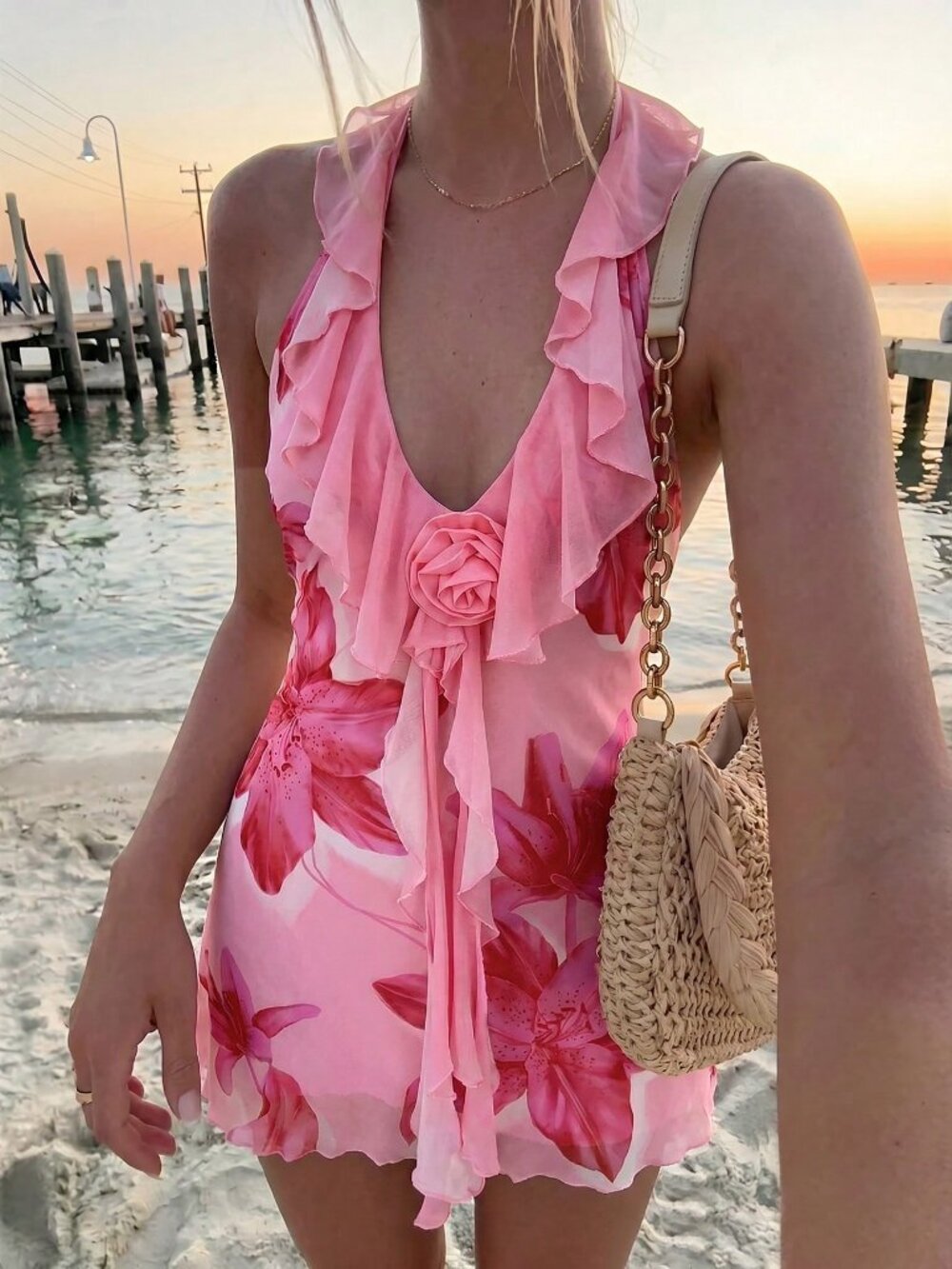 Pink Boho Women's  A-Line Deep V Neck Floral Mini dress - Picture 3 of 5